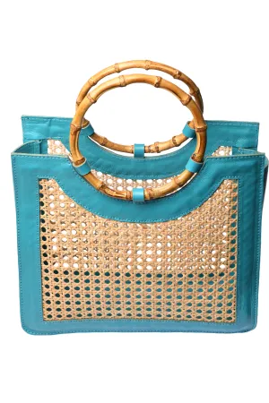 Bamboo Handle Wicker Bag / Turquoise