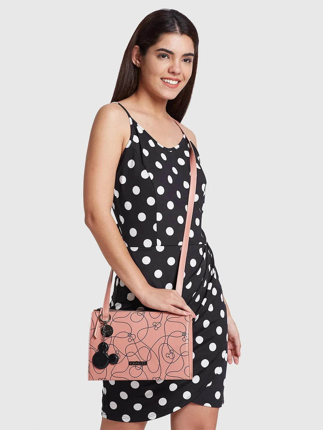 Caprese Disney Inspired Printed Mickey Mouse Collection Sling Medium Handbag Dull Pink