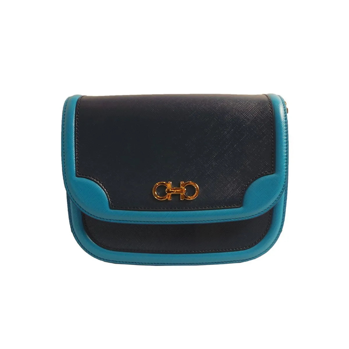 Ferragamo Greta Blue Cross Grain Calf Leather Gancini Crossbody Bag