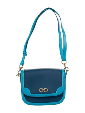 Ferragamo Greta Blue Cross Grain Calf Leather Gancini Crossbody Bag