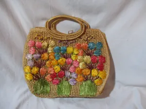 Handmade PHILLIPPINES Woven Straw Embroidered Satchel Shoulder Bag Floral TOTE NATURAL