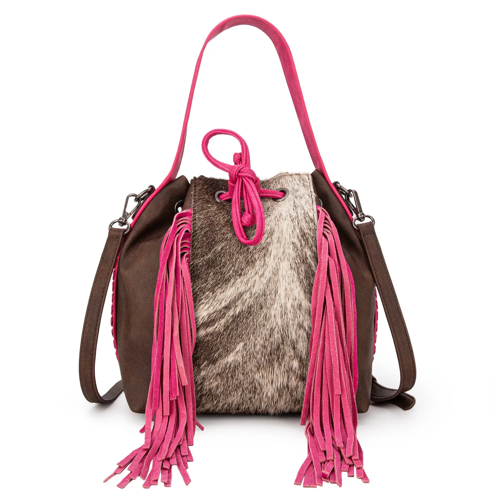 MWF1046-205S Montana West Hair-On Cowhide Drawstring Hobo/Crossbody - Coffee