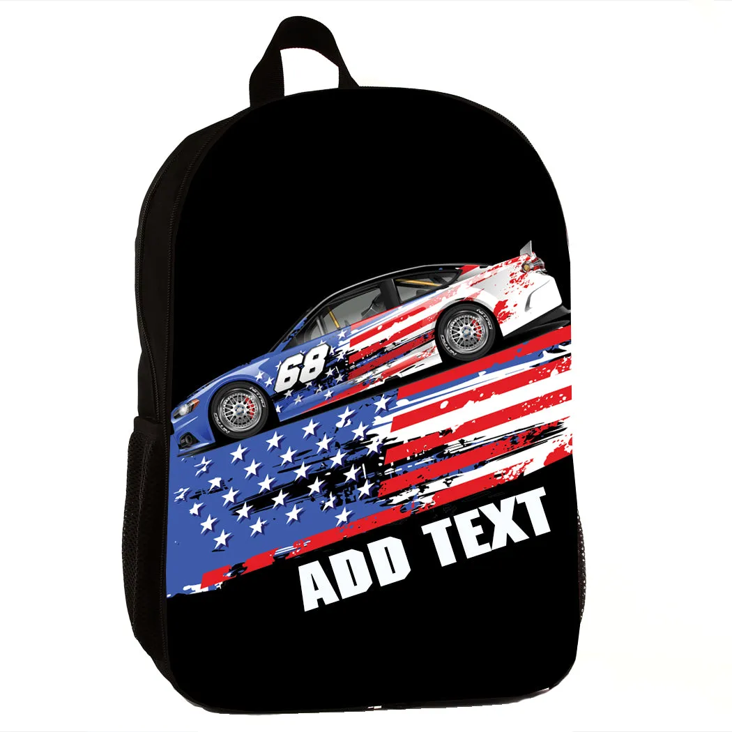 Personalized Full Color Backpacks, Lunch Bag, Duffel Bag, or Water Bottle - Americana Racing