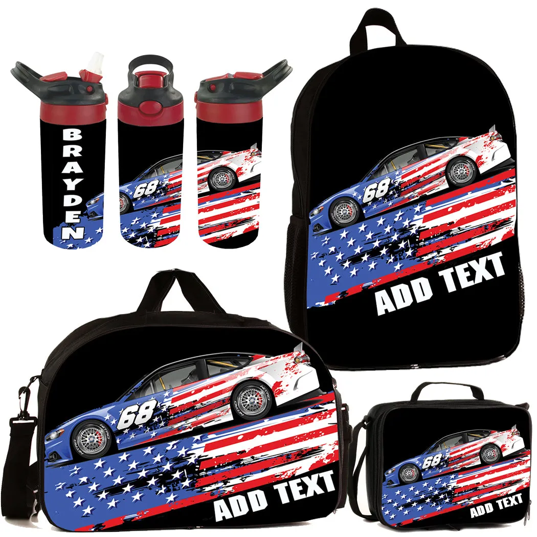 Personalized Full Color Backpacks, Lunch Bag, Duffel Bag, or Water Bottle - Americana Racing