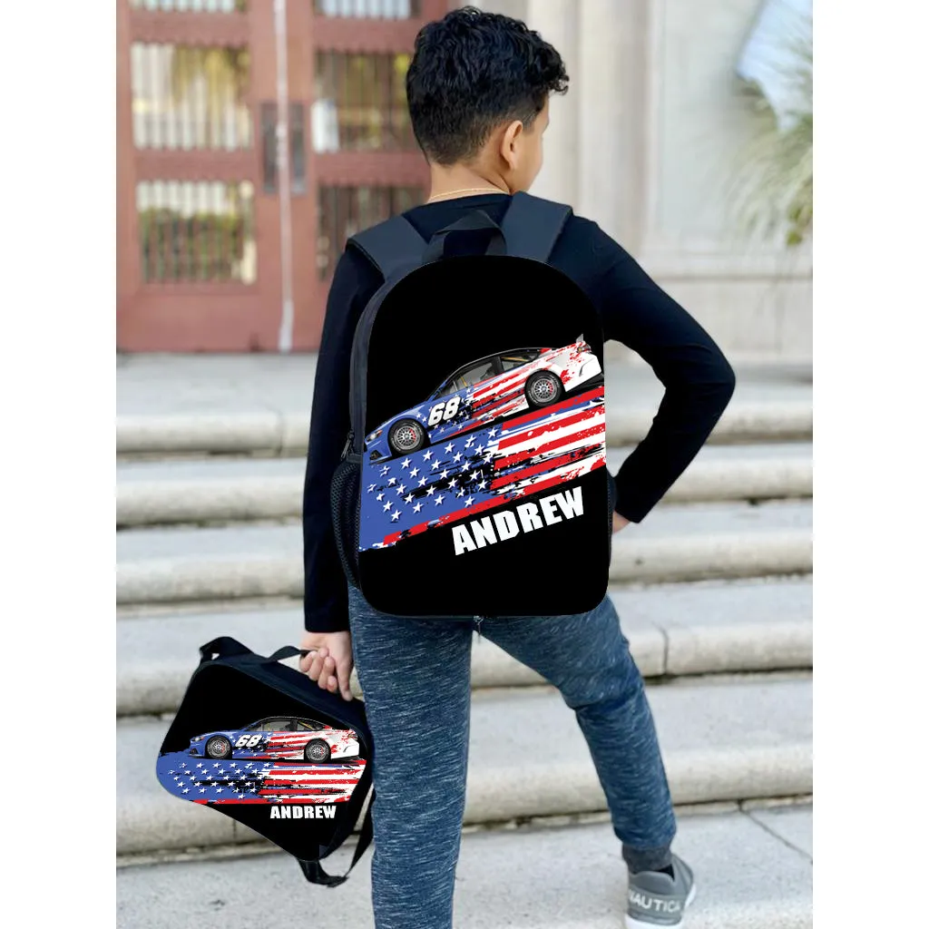 Personalized Full Color Backpacks, Lunch Bag, Duffel Bag, or Water Bottle - Americana Racing