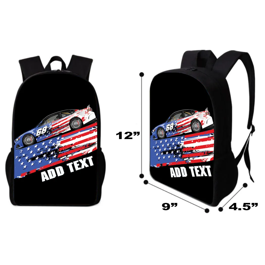 Personalized Full Color Backpacks, Lunch Bag, Duffel Bag, or Water Bottle - Americana Racing